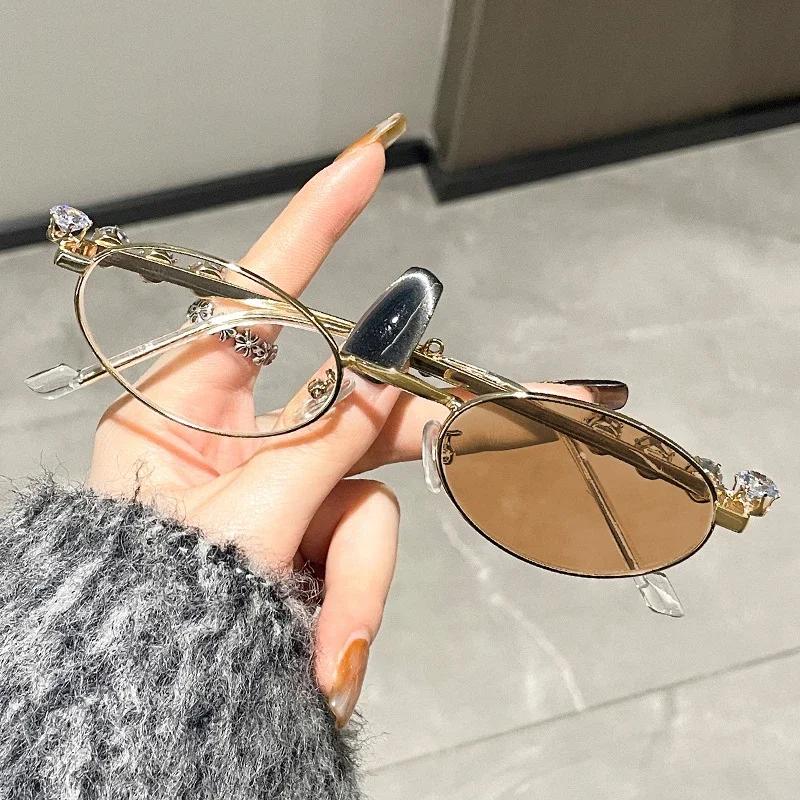 New Photochromic Diamond Inlaid Oval Myopia Glasses Trend High-end Small Frame Eyeglasses Anti Blue Light Near Sight Glasses