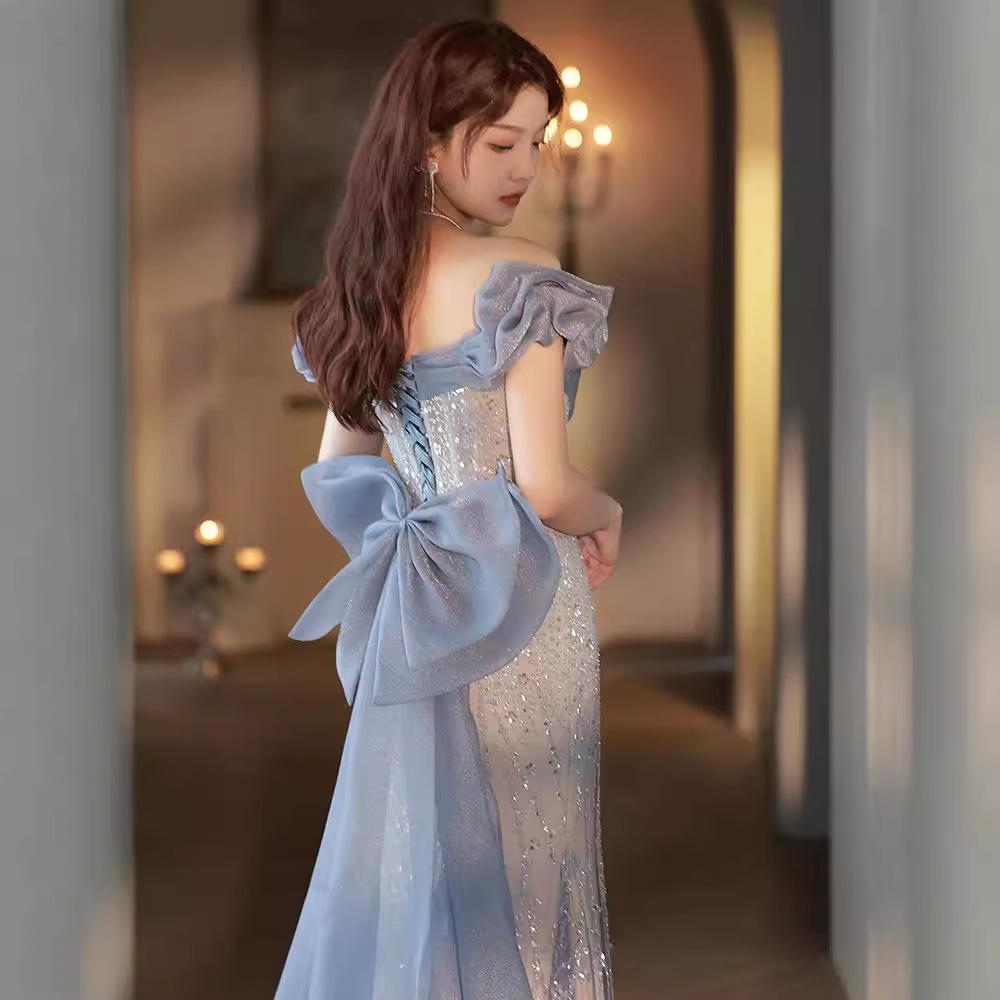 Blue fishtail evening dress dress women's 1011 new style light luxury niche French toast bride wedding dress