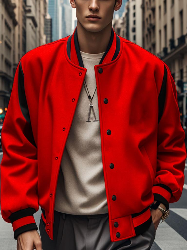 Men Color Block Varsity Bomber Jacket Button-Down Casual Outerwear