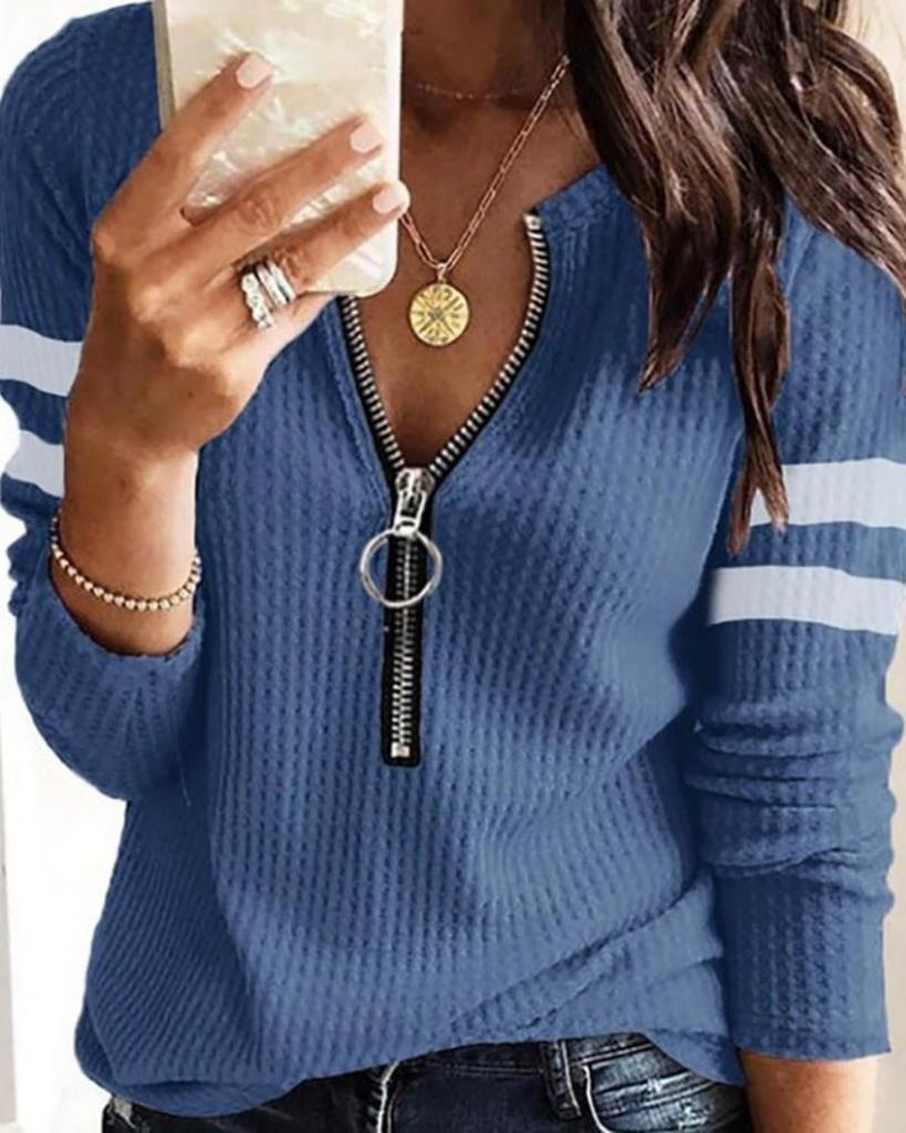 Женская мода, однотонная блузка с v-образным вырезом и молнией, повседневная базовая блузка с длинными рукавами, большие размеры