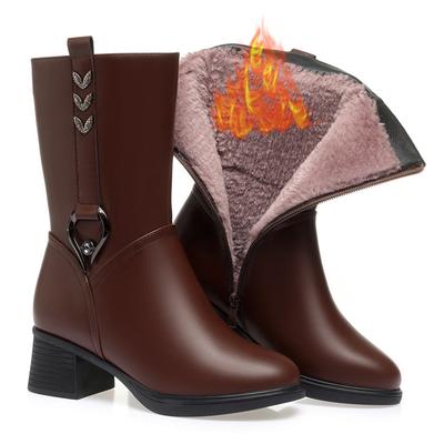 Высокие сапоги для женщин Черные Коричневые Кожаные На высоком каблуке Женская обувь Сапоги до середины икры Нескользящие Толстый плюш Женские зимние сапоги