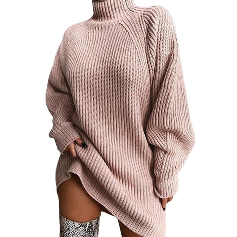 New Autumn And Winter Women's Sweaters Mid-length Raglan Sleeves Half Turtleneck Women's Sweater Dress