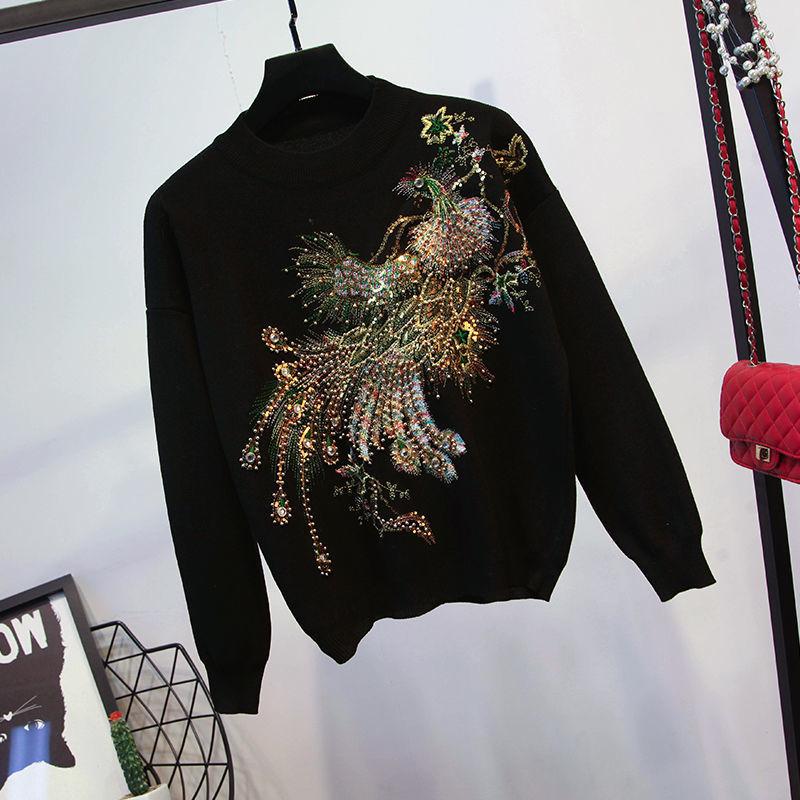 Женский велюровый комплект из двух предметов большого размера с пайетками в виде павлина - Модный костюм с длинным рукавом для осени