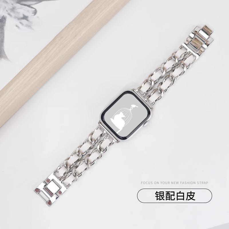 Watchband Double Row Metal Denim Chain Gold Wristband for Apple Watch Band 38 40 41 42 44 45 49 Mm Strap Lady Metal Leather Bracelet