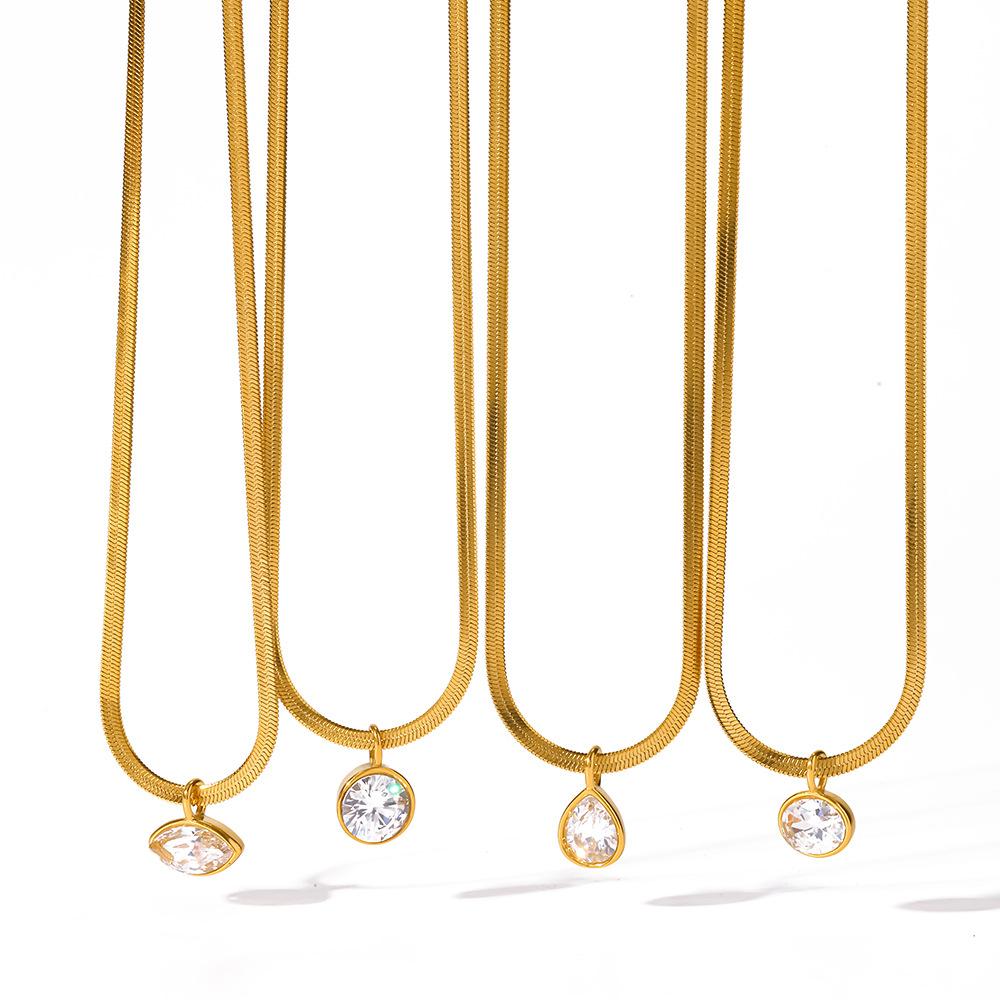 Light luxury ins stainless steel water drop horse eye round zircon pendant necklace flat snake chain women's plated 18k gold collarbone chain