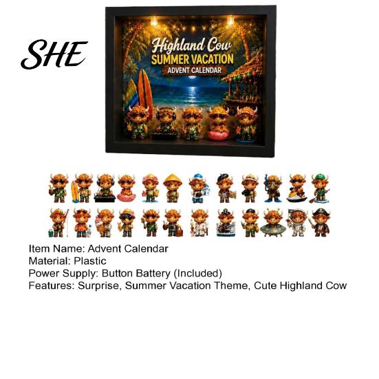 Ambient Lighting Display Box Highland Cow Summer Vacation Advent Calendar 2026, 24 Days Mini Cattle Figurines with Figures Countdown LED Light