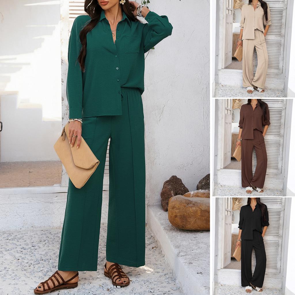 Spring and Summer Women's Casual Commuter Holiday Style Solid Colour Button Cardigan Top Wide Leg Trousers Suit