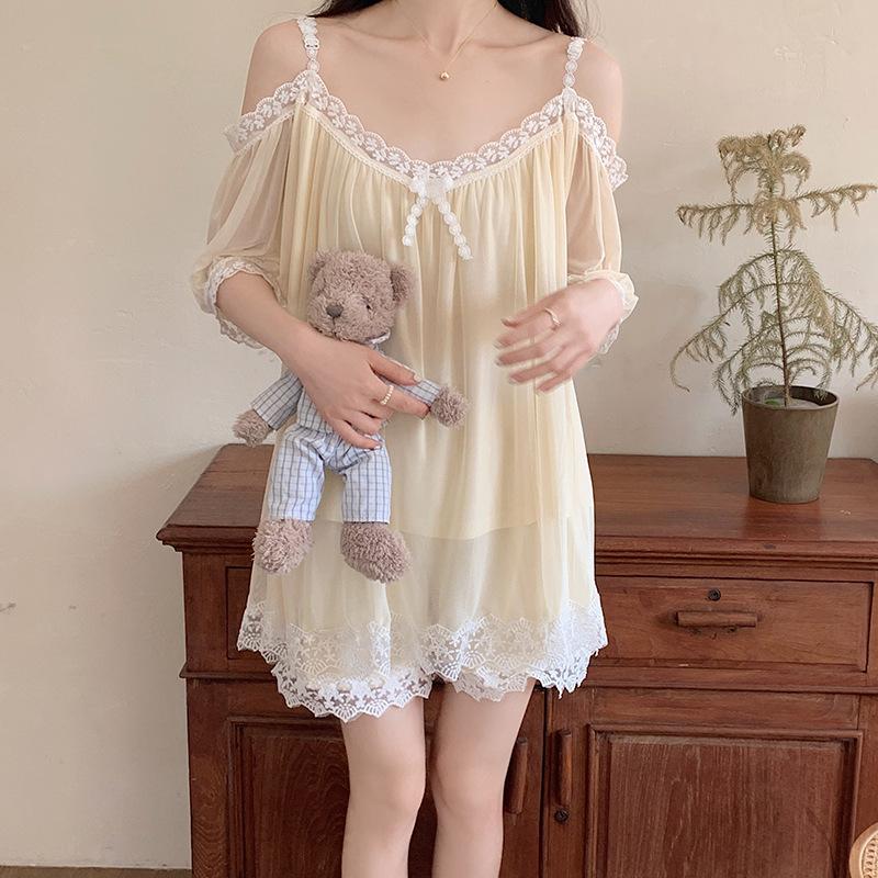 Кружевные пижамы в стиле Pure Desire для женщин, летние простые сетчатые пижамы на бретельках, домашняя меховая пижама в стиле ретро в стиле принцессы