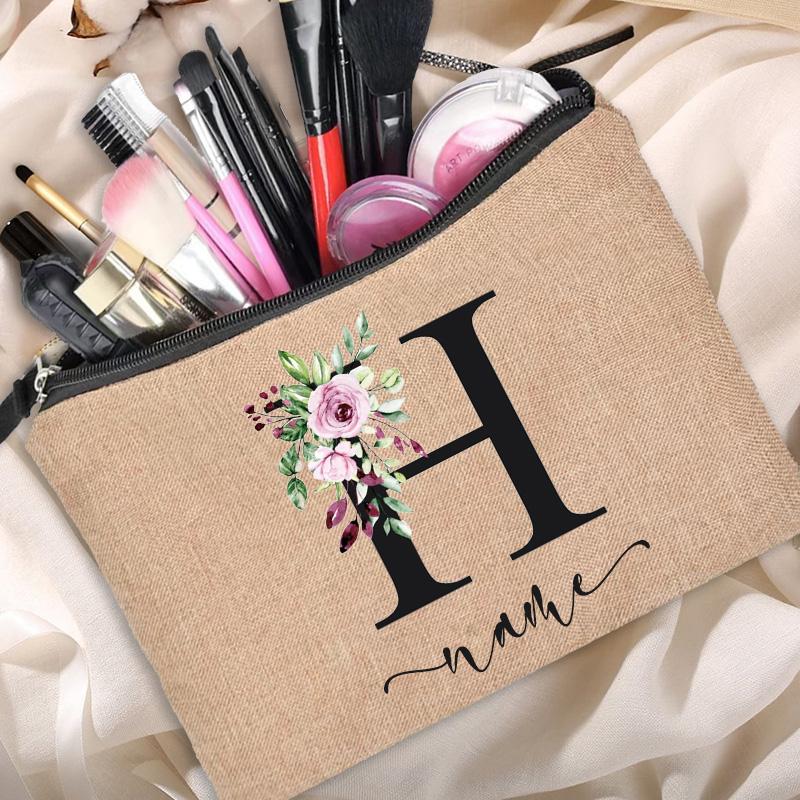 Linen Makeup Bag Customized Personalized Name Cosmetic Bag Bridesmaid Clutch Outdoor Travel Beauty  Bachelor Party Lipstick Bag