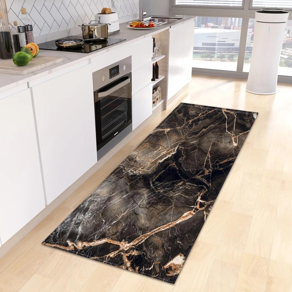 Marble Print Kitchen Runner Rug, Modern Gold Black Vein Non-Slip Water Oil Resistant Floor Mat