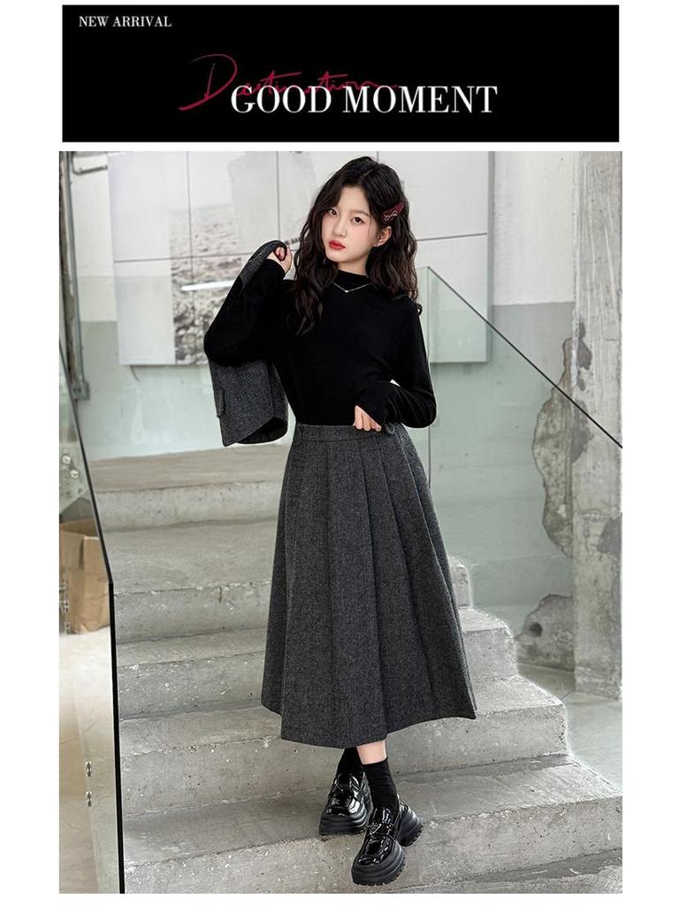 Стильный серый комплект из жилета и юбки для девочек на весну/осень 2025 года