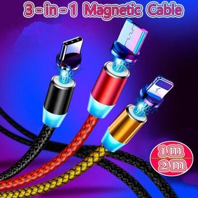 1M 2M 360 Круглый магнитный светодиодный прочный нейлон Micro USB C для зарядного кабеля iPhone