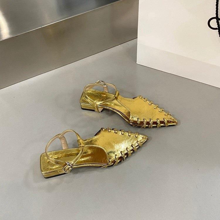 Красивый! Ретро римские плетеные сандалии с полой головкой-мешком женские летние новые французские темпераментные туфли с острым носком на толстом каблуке