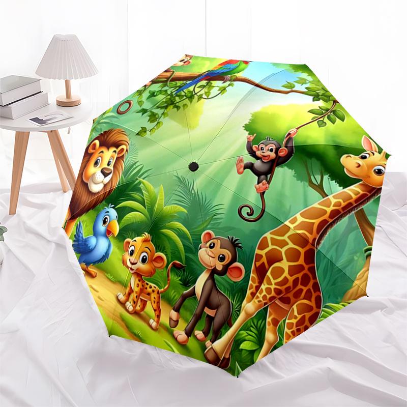Jungle Animal Friends Automatic Opening Folding Umbrella with 8-Bone Iron Frame - Perfect for Fans, Travelers, Daily Use, and Festive Gifts!
