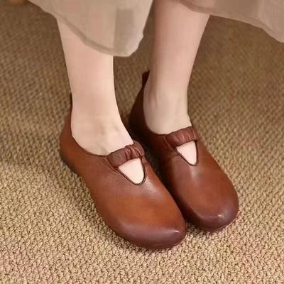 Ретро ручной работы туфли для мамы плоский каблук мягкая подошва 2025 весна и лето новые круглый носок мелкий вырез одинарные туфли мягкая кожа универсальные женские туфли