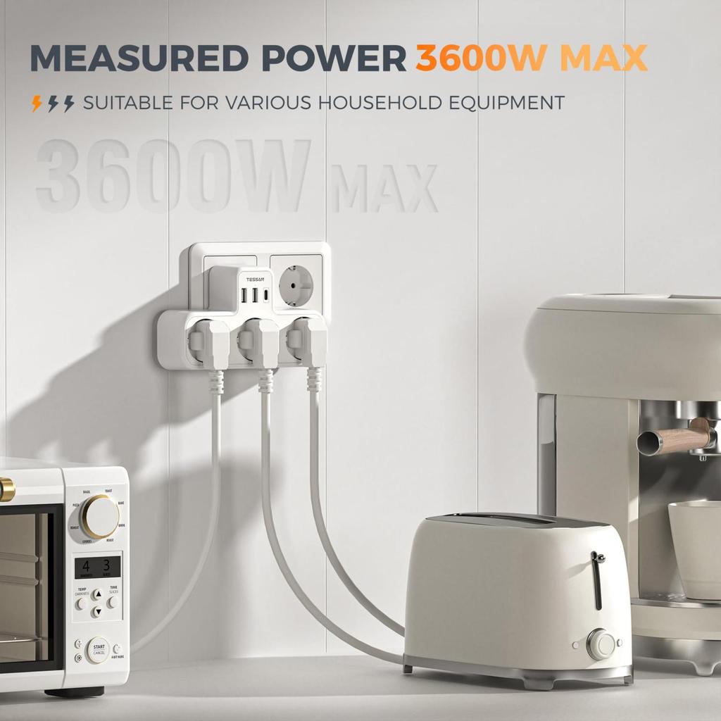 Tessan Многофункциональная настенная розетка с 2 портами USB C и 1 портом USB A, USB-адаптер 6 в 1 с защитой от перегрузки для смартфона, планшета