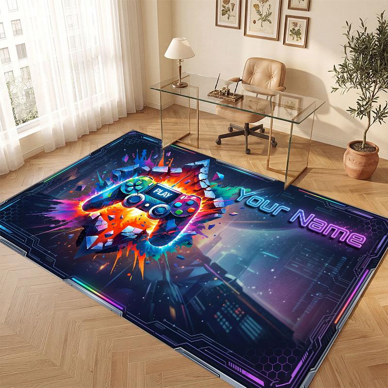 City Cyberpunk Theme Crystal Velvet Floor Rug Personalized Custom Name Text Warm Carpet Home Decoration