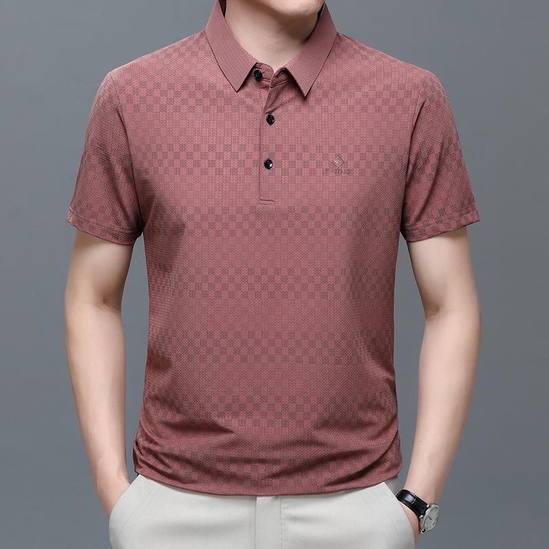 Мужская рубашка поло из ледяного шелка с коротким рукавом, тонкое летнее платье, деловая, мужская, свободного кроя, с отложным воротником, жаккардовая в клетку, с рукавом до локтя, топ, футболка