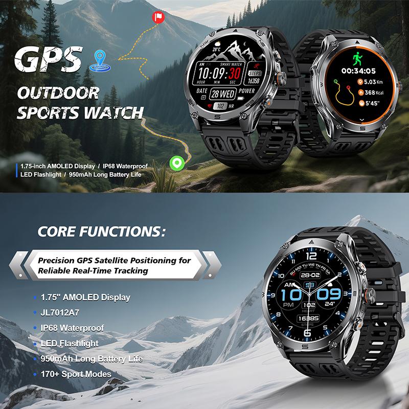 Новые Военные GPS Смарт-часы 1.75 HD 10ATM/IP68 Водонепроницаемые Компас Смарт-часы 1000 мАч Большая Батарея BT Звонок Смарт-часы