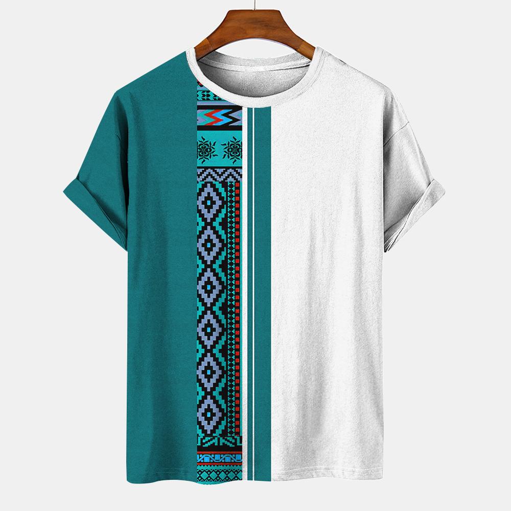 Геометрический полосатый узор, летний напечатанный высококачественный мужской топ, повседневный, простой, повседневный, модная рубашка свободного покроя с круглым вырезом и коротким рукавом