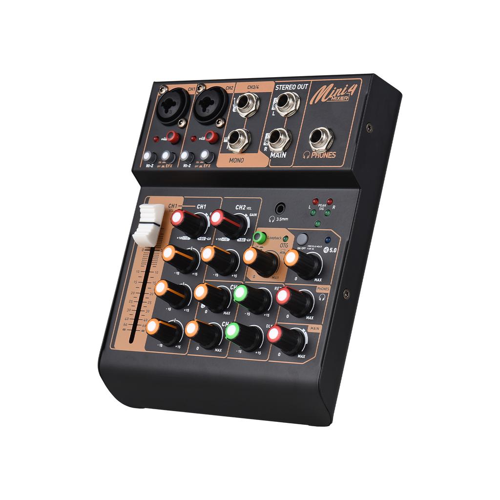 Audio Mixer Portable 4-Channel DJ Mixer Console Mini Sound Mixing Board with USB BT 48V Phantom