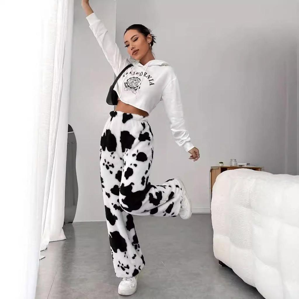 2025 Shien High-Waist Cow Pattern Casual Fur Trousers - Comfortable Autumn/Winter Pants