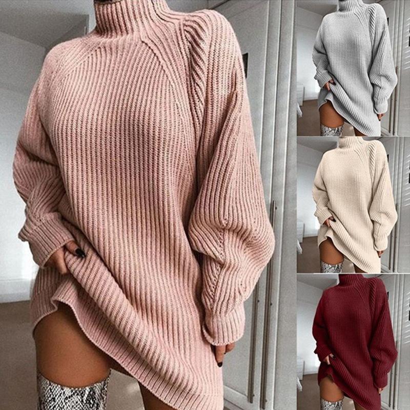 New Autumn And Winter Women's Sweaters Mid-length Raglan Sleeves Half Turtleneck Women's Sweater Dress