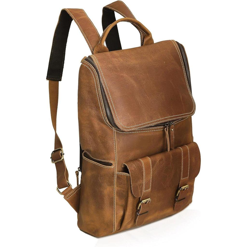 Full Grain Leather Backpack for Men - 17 Inch Laptop Bag - Vintage Travel Rucksack - Casual Daypack for Womens