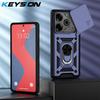 KEYSION Shockproof Armor Case for TECNO Pova 6 Pro 5G Slide Camera Lens Protection Metal Ring Stand Phone Cover for POVA 6 Neo