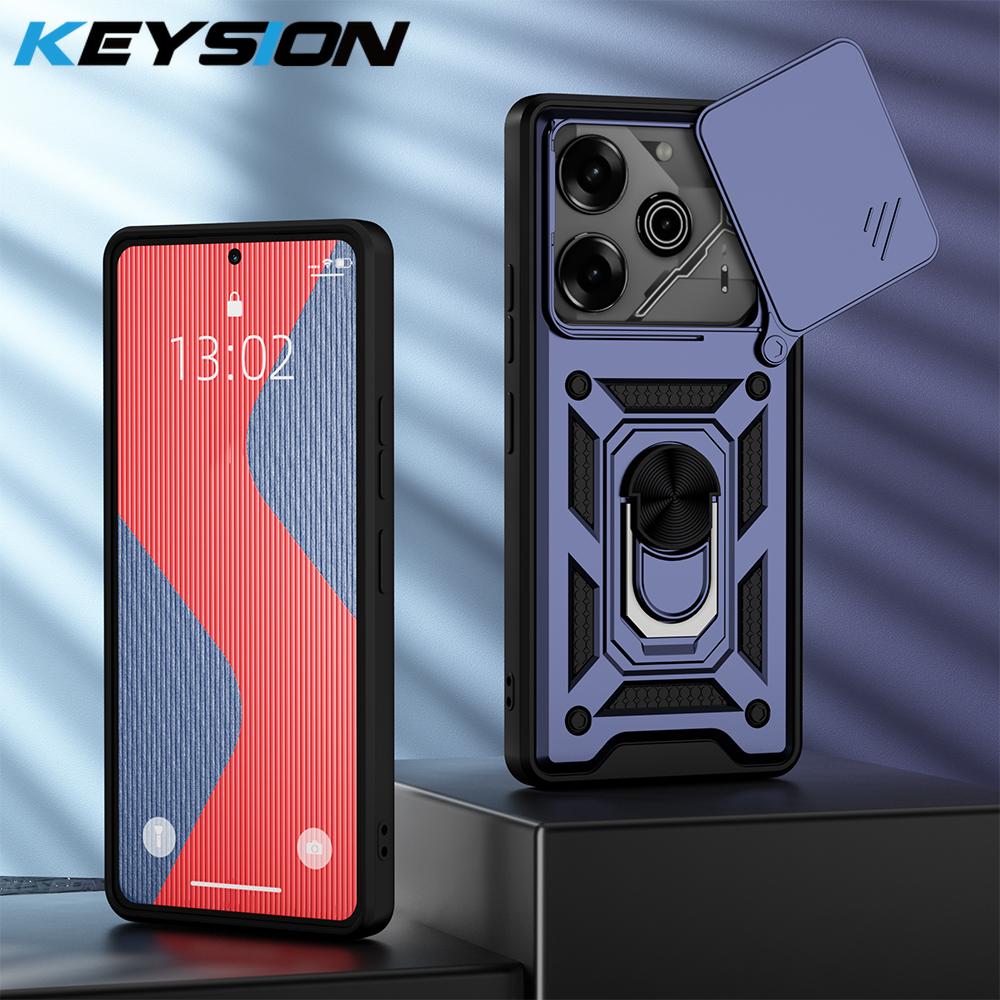 KEYSION Shockproof Armor Case for TECNO Pova 6 Pro 5G Slide Camera Lens Protection Metal Ring Stand Phone Cover for POVA 6 Neo