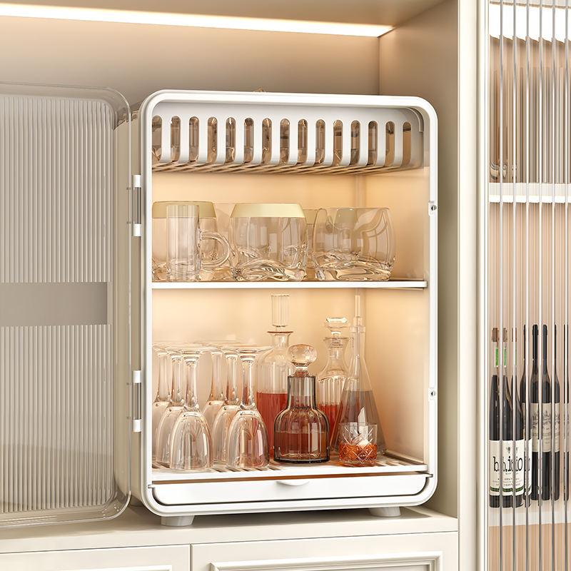 2 Layers Kitchen Multi-Functional Storage Cabinets Dust Proof Dishware Cutlery Water Cup Organizer Rack with Cover Sundry Shelf