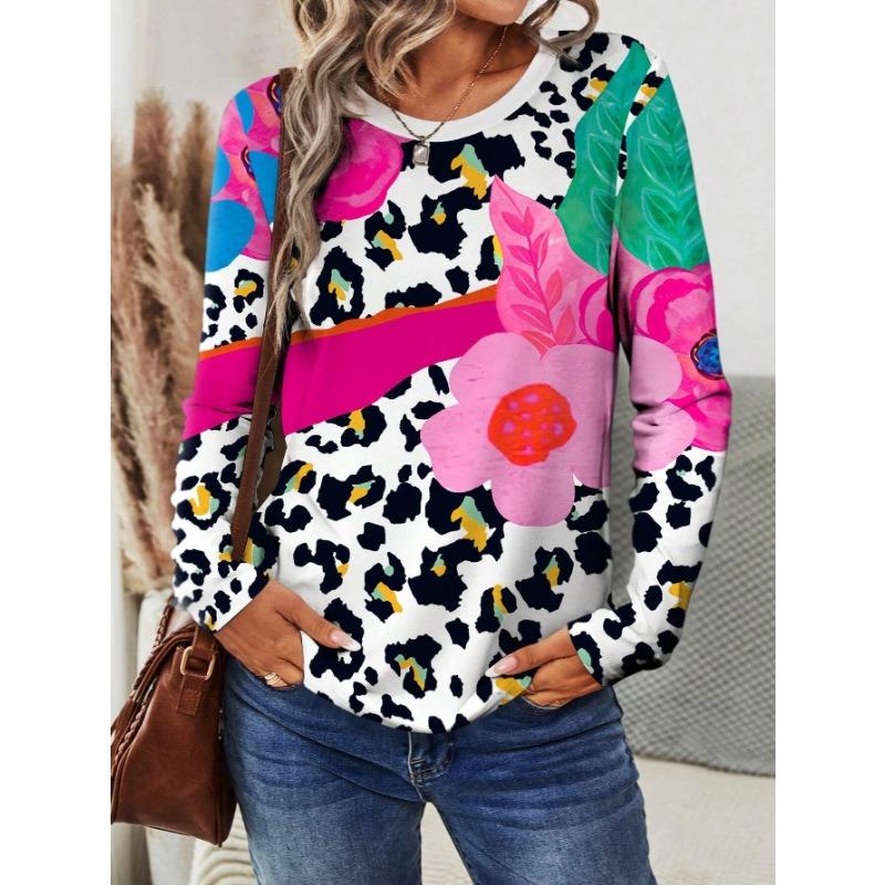 Женские футболки 3D Леопардовый Цветочный Принт Мода Длинный Рукав Круглый Вырез Обычный Топ Праздник Выходные Весна Осень