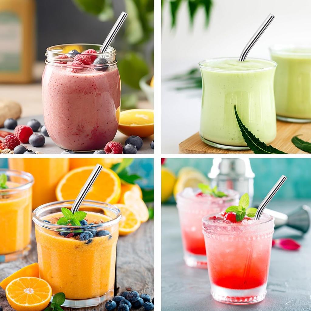 8 Pack 6 Inch Short Bent Metal Cocktails Straws, Reble Stainless Steel Smoothie Drinking Straws with Cleaning Brush for Coffee Mugs, Small Glasses or