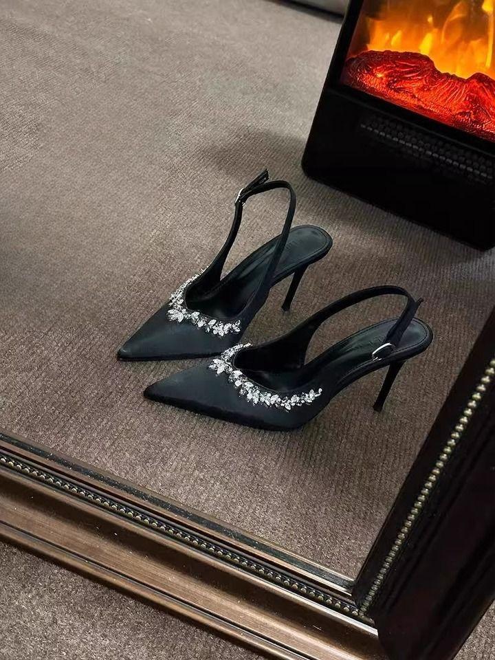 Остроносые босоножки, модные банкетные туфли, сексуальные черные туфли на шпильке, женские туфли 2025 года, однотонные туфли со стразами