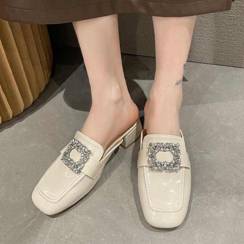 Брендовая женская обувь на среднем каблуке, тапочки с кристаллами, новые весенние сандалии на толстой пятке, туфли-лодочки, повседневные женские туфли без каблука с квадратным носком