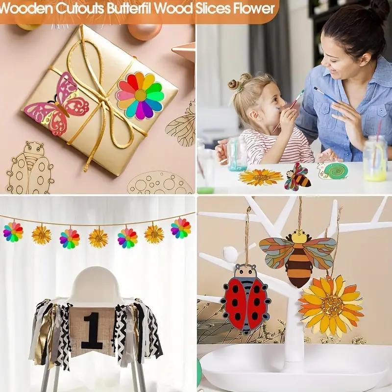 56-Piece "Exquisite Charm" Wooden Butterfly & Flower Paper Cut Set - Blank DIY Painting Crafts, Ideal for Home Decor