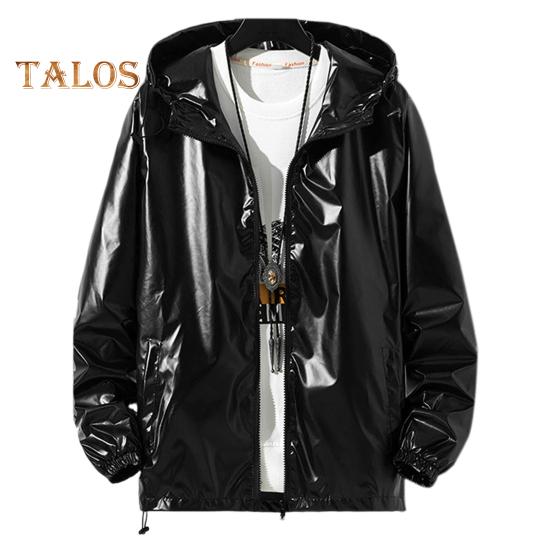 Men Shiny Glossy Coat Hooded Long Sleeve Teenager Coat with Adjustable Drawstrings Cuffed Sleeves Bright Surface Jacket