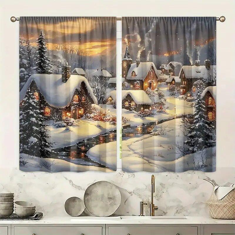2 Pcs Christmas Snow House print curtains suitable for bedroom living room kitchen decoration home decoration window decoration