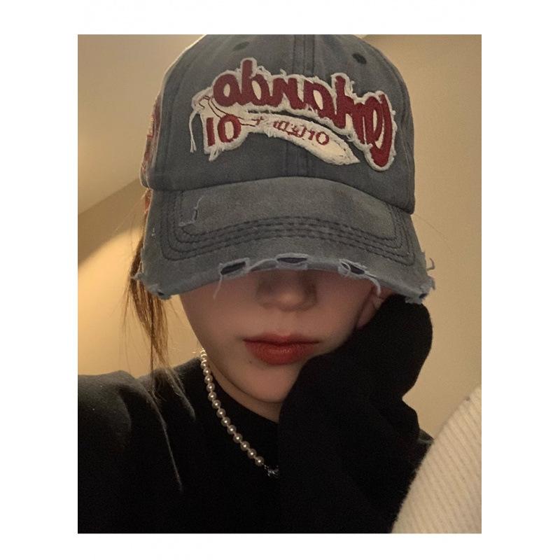 American retro distressed washed ripped denim wide-brimmed fashion casual versatile black printed hat