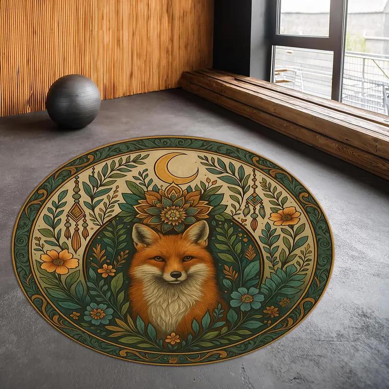 Mystical Forest Fox Round Area Rug Woodland Animal Boho Non-Slip Carpet Nature Home Decor Floor Mat for Living Room Bedroom