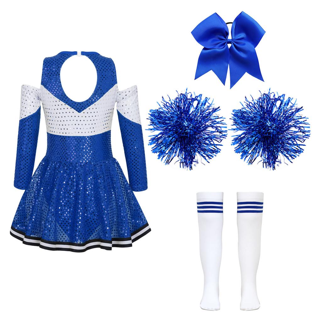 Girls Sparkling Cheerleading Outfit Off Shoulder Sequin Dress Long Sleeve Bow Headwear Hand Accessories Sport Socks