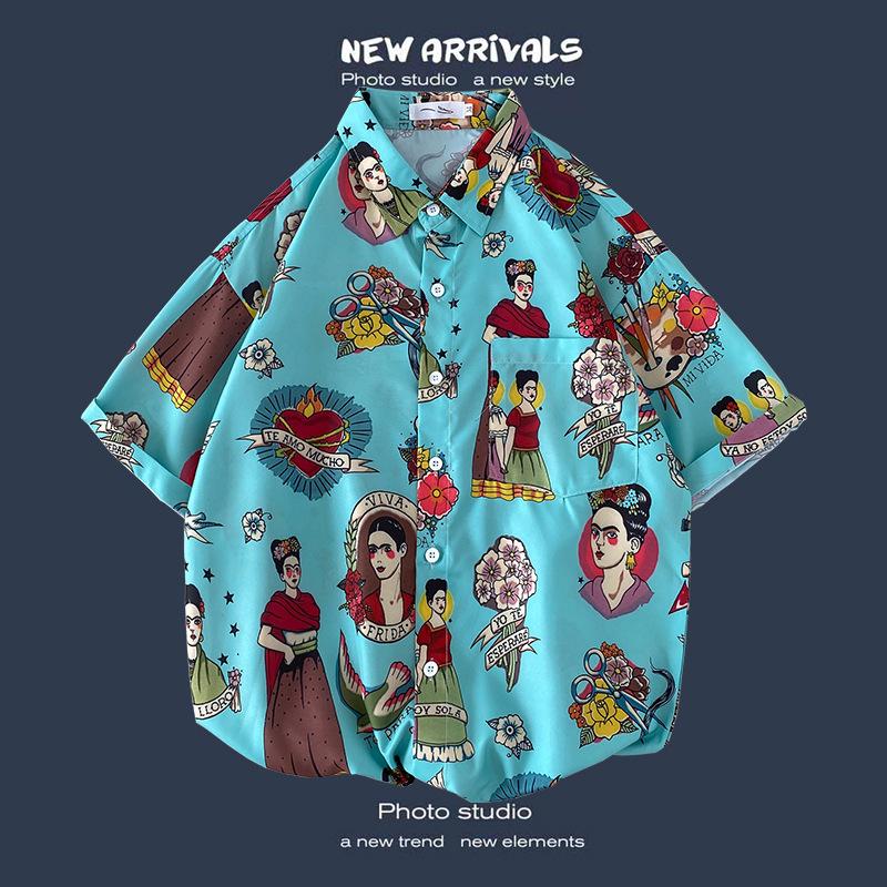 Retro Floral Shirt Blouse for Man Hawaiian Short-sleeved Floral Shirt Men's Loose Trend Couple All-match Five-point Sleeves