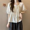 Gentle French Style Square Collar Blouse Solid Color Basic Summer Elegant Puff Sleeve Fashion Folds Shirts