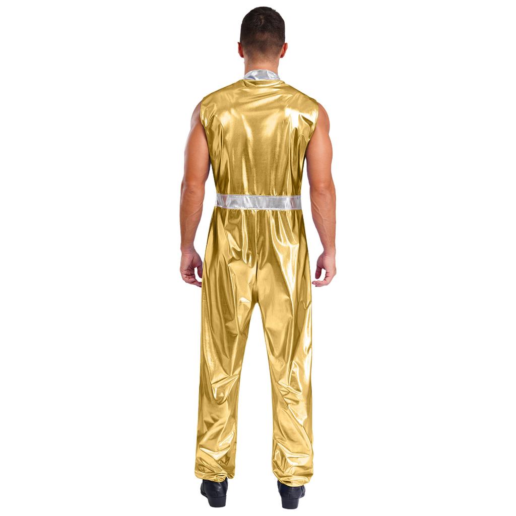 Mens Shiny Metallic Sleeveless Full Length Zipper Jumpsuit Bodysuit