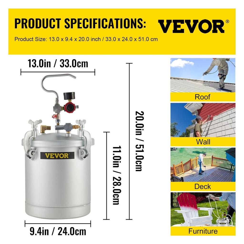 Commercial Paint Pressure Tank 2.5 Gallons Pressure Pot Tank 10L Pressure Paint Pot Feed Spray Gun 1.5mm Nozzle Paint Sprayer for 10L Capacity