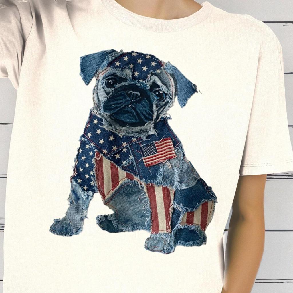 Patriotic Pug Shirt, American Flag Dog Tee, 4th of July Puppy Shirt, USA Dog Lover Tee Gift, Retro Patchwork Pug T shirt