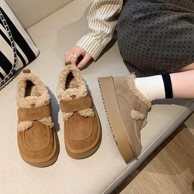 Корейская версия зимние толстая подошва на платформе мягкая подошва мягкая подошва утолщенный вельвет липучка хлопковые туфли женские 2025 новые Северо-восточные женские туфли