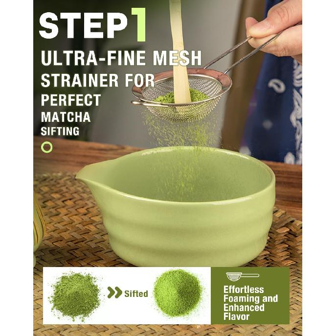Matcha Whisk Set - 5PCS Matcha Set Includes 17OZ Chawan with Spout, Bamboo Chasen Whisk with Ceramic Holder, Mat cha Scoop and Stainless Sifter,