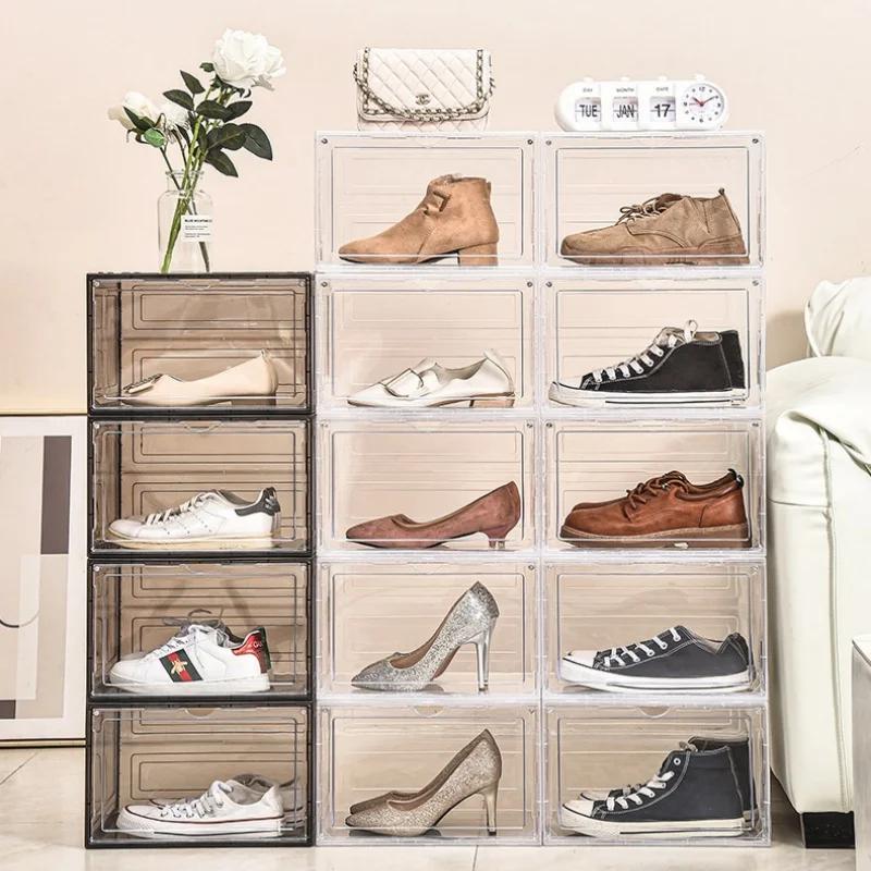 Складная коробка для обуви из утолщенного полипропилена, ящик для хранения кроссовок и обуви, штабелируемый пылезащитный штабелируемый шкаф, органайзеры для обуви, полка
