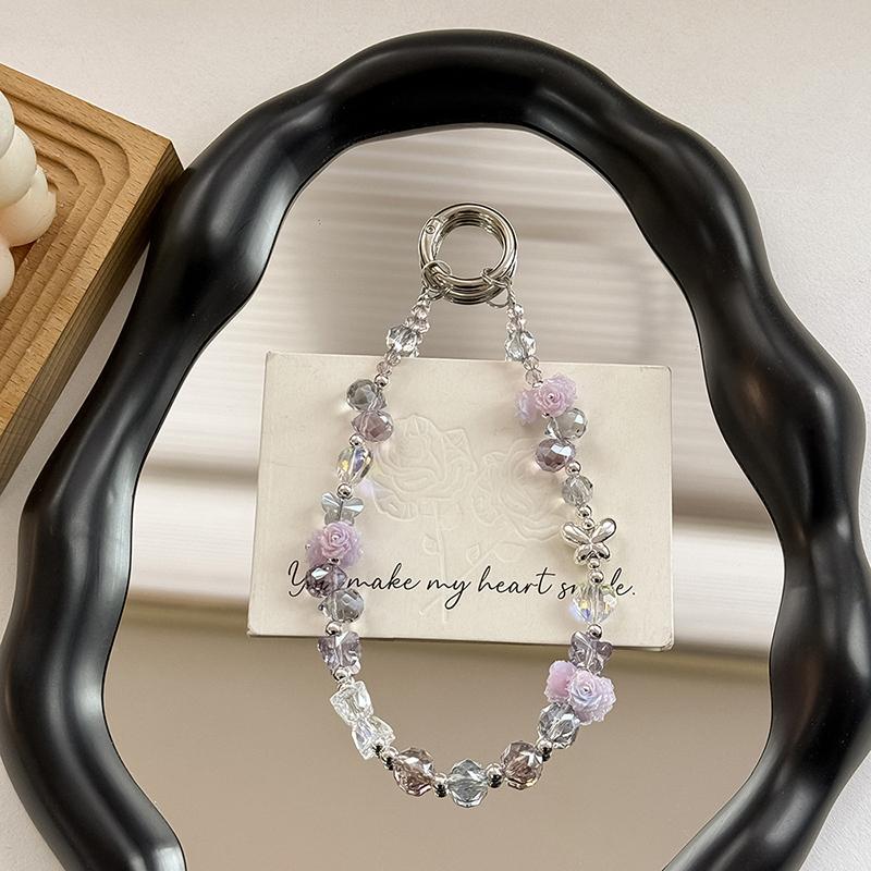 Luminous Rose Phone Chain Alloy Butterfly Crystal Keychain Girl Anti-Lost Wrist Strap Bracelet Earphone Case Charm Bag Decor